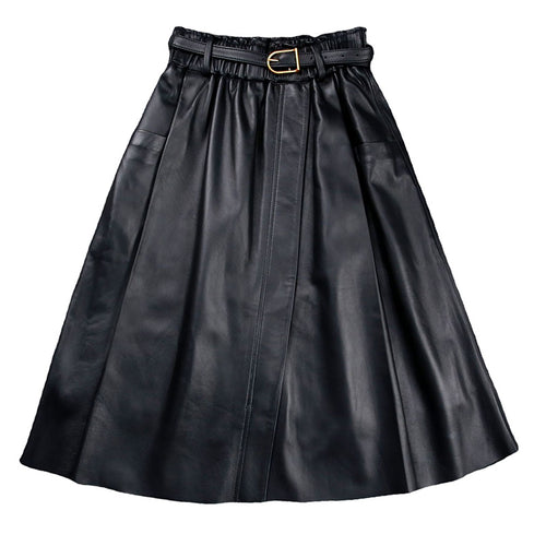 Women Leather Skirt Pleated Elastic Belt Simple High Waist Skirt Leather Sheepskin Dress 2022 Autumn Winter New TF4745