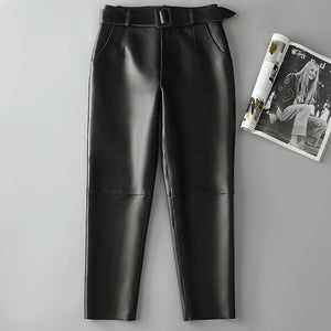Women Leather Cropped Pants Solid Pencil Pants Slim Belt Leather Sheepskin Harem Pants Trousers Casual 2022 New SY3984