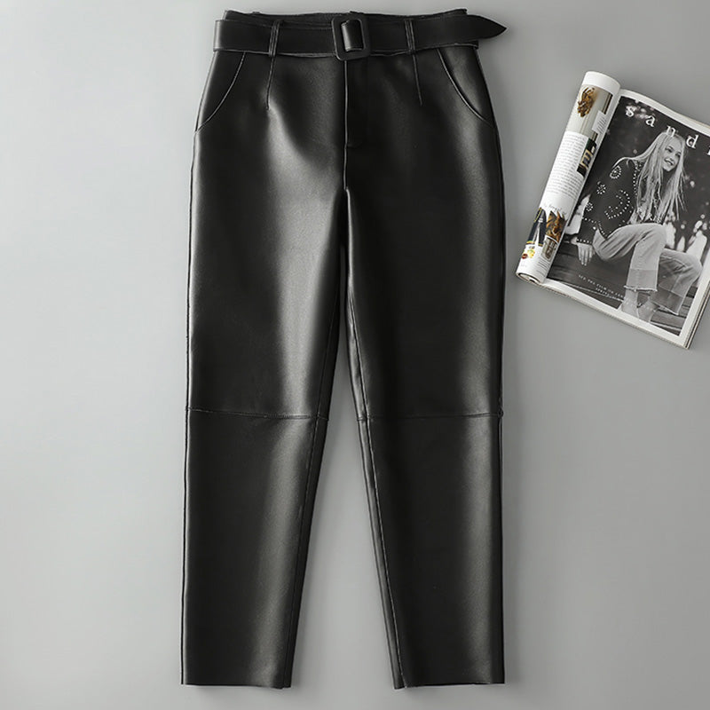 Women Leather Cropped Pants Solid Pencil Pants Slim Belt Leather Sheepskin Harem Pants Trousers Casual 2022 New SY3984