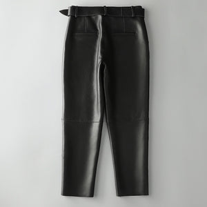 Women Leather Cropped Pants Solid Pencil Pants Slim Belt Leather Sheepskin Harem Pants Trousers Casual 2022 New SY3984