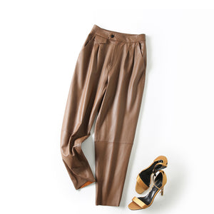 Women Cropped Leather Pants Loose Pencil Pants Solid Sheepskin Harem Pants 2022 New SY3987