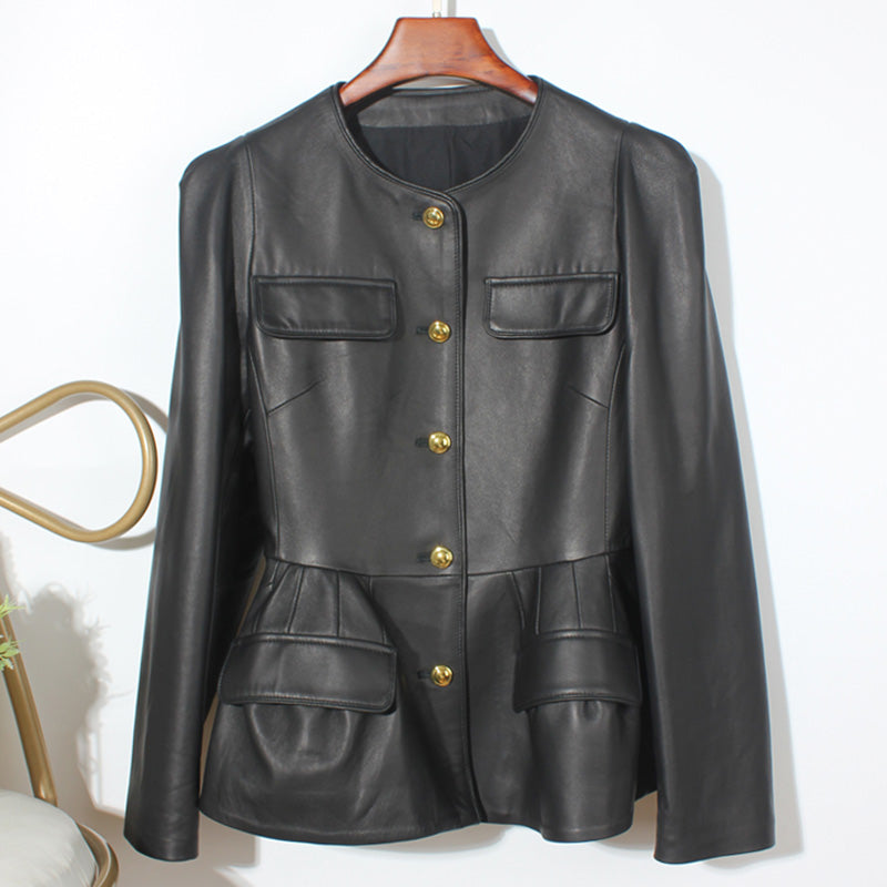 Genuine Sheep Leather Jacket Women New O-Neck Leather Coats Spring Autumn Fashion Style Pocket CL4014