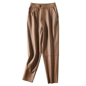 Women Cropped Leather Pants Loose Pencil Pants Solid Sheepskin Harem Pants 2022 New SY3987