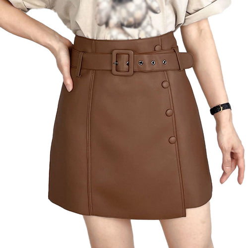 Women's Leather Sheepskin Skirt A-line Belt Button Commuter Asymmetric Design 2022 Autumn Winter New TF4748