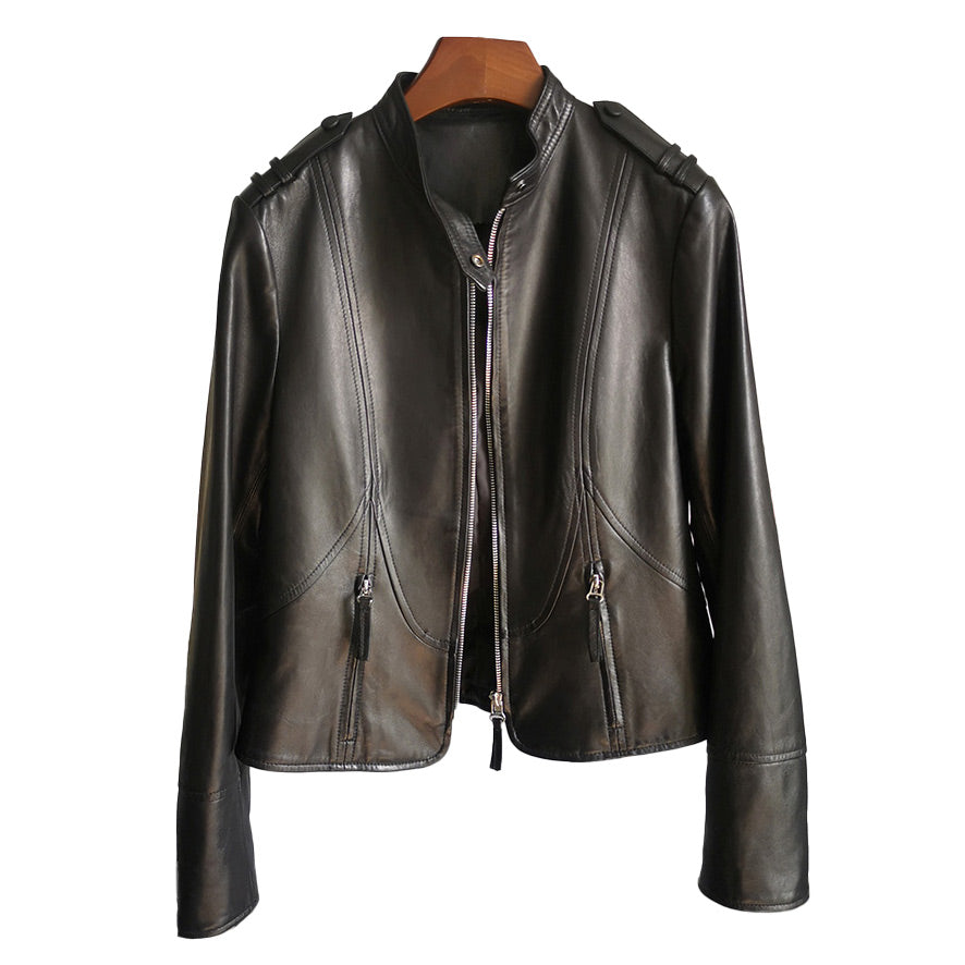 2022 Spring Leather Jackets Women Fashion Motorcycle Sheepskin Coat Lady Autumn Biker Jacket Black Full Sleeve CL4004