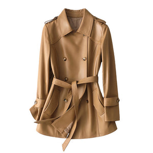 Genuine Sheepskin Leather Jacket Women Autumn Winter Trench Coat Mide Length Streetwear Leather Coat CL4873