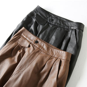 Women Cropped Leather Pants Loose Pencil Pants Solid Sheepskin Harem Pants 2022 New SY3987