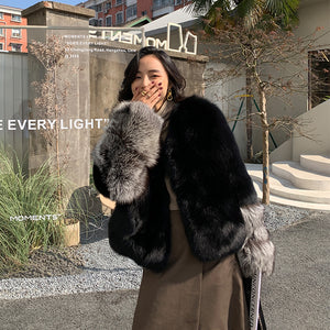 2022 New Women's Fox Fur Coat Silver Fox Sleeve Luxury Fluffy Fur Overcoat Warm Winter 4920
