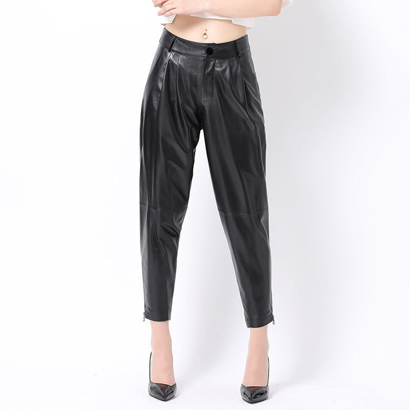 Lady Leather Cropped Pants Solid High Waist Loose Slim Pencil Pants Sheepskin Harem Pants 2022 New SY3985