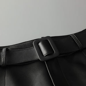 Women Leather Cropped Pants Solid Pencil Pants Slim Belt Leather Sheepskin Harem Pants Trousers Casual 2022 New SY3984