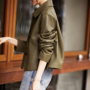 Lady Oversize Leather Jackets Fashion Green Color Sheepskin Leather Coats Women Retro Clothes New Arrivals ZM4048