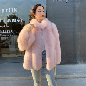 Ladies Fox Fur Coat 2022 New Long Sleeve Stand Collar Fluffy Fur Luxury Overcoat Mid Length Warm Winter 4918