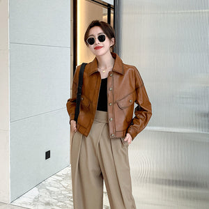 Lady Fashion Black Vegetable Tanned Leather Jackets Women Sheep Coat Vintage Motorcycle Jacket Spring Autumn Streetwear CL4019