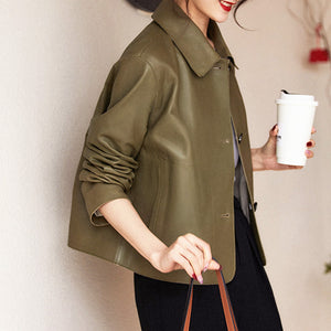 Lady Oversize Leather Jackets Fashion Green Color Sheepskin Leather Coats Women Retro Clothes New Arrivals ZM4048