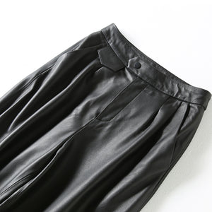 Women Cropped Leather Pants Loose Pencil Pants Solid Sheepskin Harem Pants 2022 New SY3987