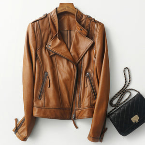 Spring Autumn Trend Style Genuine Leather Jackets For Women Full Sleeve Black Leather Coat Zipper Fashion Biker Jacket AEL4066