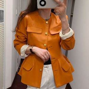 Genuine Sheep Leather Jacket Women New O-Neck Leather Coats Spring Autumn Fashion Style Pocket CL4014