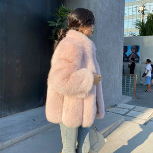 Ladies Fox Fur Coat 2022 New Long Sleeve Stand Collar Fluffy Fur Luxury Overcoat Mid Length Warm Winter 4918