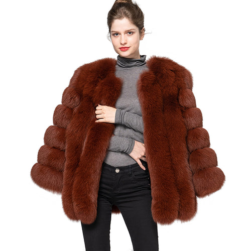 Women's Winter  Real Fox Fur Coats Female Natural Fur Vertical Dark Camel Jackets