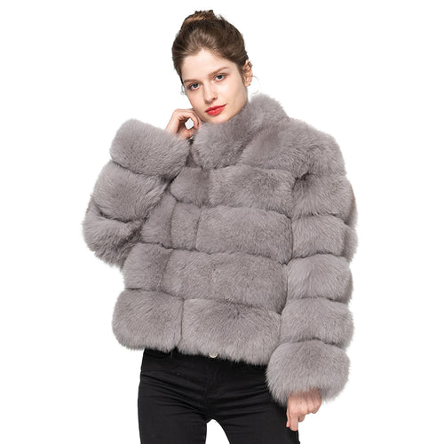 Women Real Fox Fur Long Coat Fur Jacket Grey