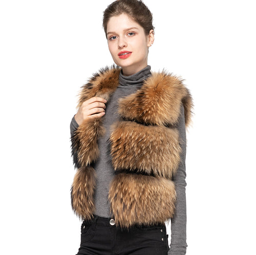 Furry Raccoon Fur Vest Women Short Gilets 3 Rows Natural Color