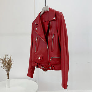 Women Genuine Leather Jackets Fashion Belt Motorcycle Jackets Biker Leather Coat For Lady 2022 Sheepskin FG4046