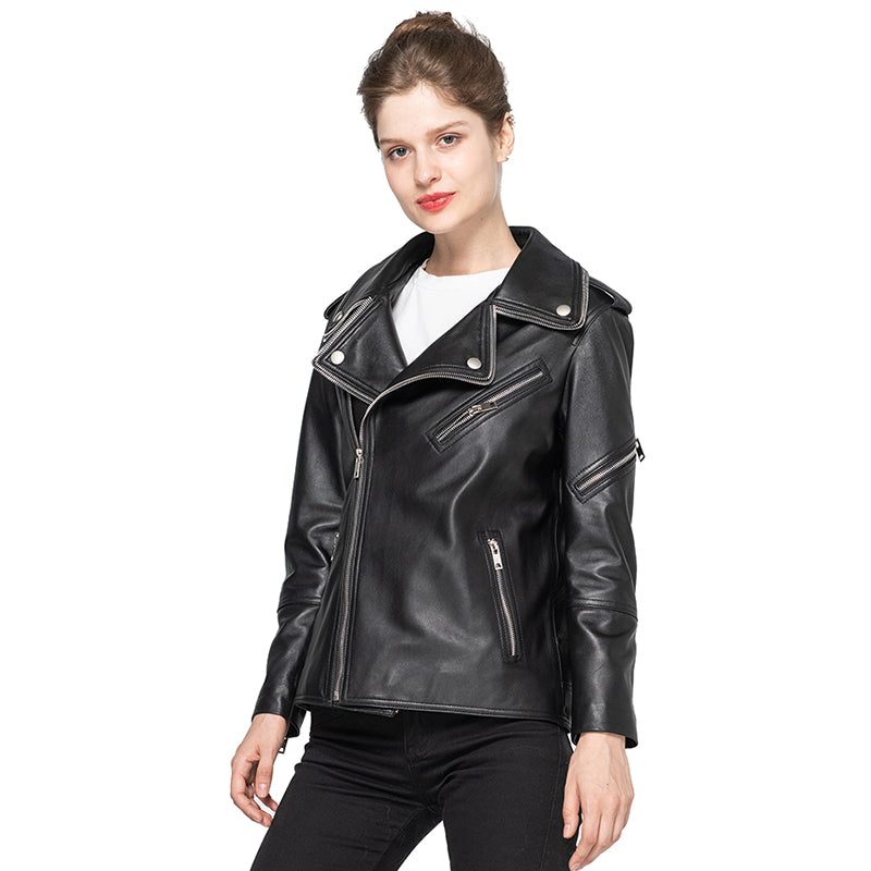 Lady Genuine Sheepskin Leather Black New Style Leather Coat