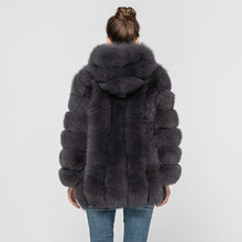 Load image into Gallery viewer, Women Genuine Fox Fur Hooded Coat Fur Outerwear Winter Dark Grey Fur Coat