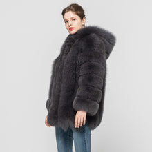 Load image into Gallery viewer, Women Genuine Fox Fur Hooded Coat Fur Outerwear Winter Dark Grey Fur Coat