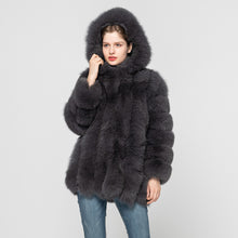 Load image into Gallery viewer, Women Genuine Fox Fur Hooded Coat Fur Outerwear Winter Dark Grey Fur Coat