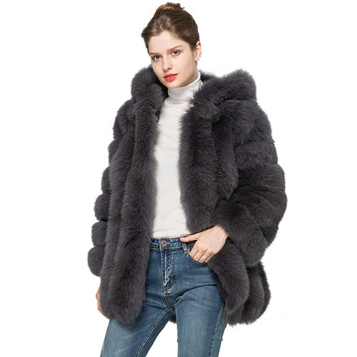 Women Genuine Fox Fur Hooded Coat Fur Outerwear Winter Dark Grey Fur Coat