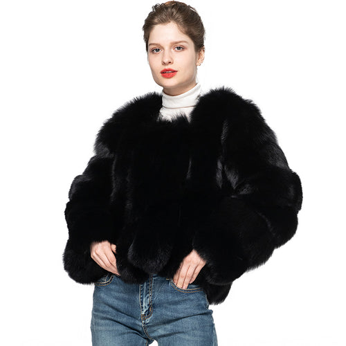 Women Real Fox Fur Coat Warm Winter Jacket Black Fur Outerwear