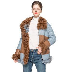 Women's Genuine Sheepskin Leather Jacket Tuscan Wool Coats Blue and Coffee