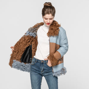 Women's Genuine Sheepskin Leather Jacket Tuscan Wool Coats Blue and Coffee
