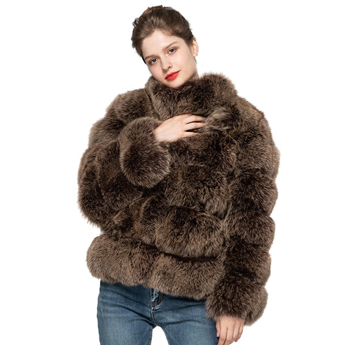 Lady Real Fox Fur Coat Short Jacket Coffee Frosted