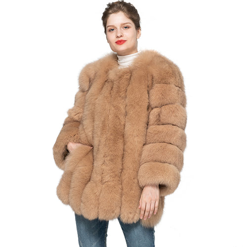 Women's Real Fox Fur Coat Genuine Natural Fur Jacket Vertical Camel Fur