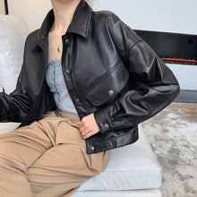 Load image into Gallery viewer, Lady Fashion Black Vegetable Tanned Leather Jackets Women Sheep Coat Vintage Motorcycle Jacket Spring Autumn Streetwear CL4019