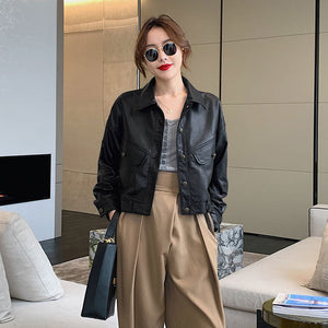 Lady Fashion Black Vegetable Tanned Leather Jackets Women Sheep Coat Vintage Motorcycle Jacket Spring Autumn Streetwear CL4019