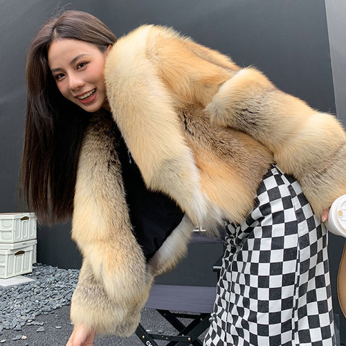 Lady Fox Fur Coat Collared Luxury Long Sleeve Fluffy Overcoat Warm Winter 2022 New 3505