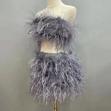 Load image into Gallery viewer, Women Ostrich Feather Top Dress Fur Skirt Bra Boa Set Summer Tube Top Dress Set