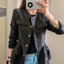 Load image into Gallery viewer, Genuine Sheep Leather Jacket Women New O-Neck Leather Coats Spring Autumn Fashion Style Pocket CL4014