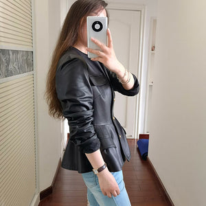 Genuine Sheep Leather Jacket Women New O-Neck Leather Coats Spring Autumn Fashion Style Pocket CL4014