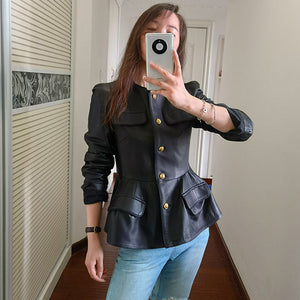 Genuine Sheep Leather Jacket Women New O-Neck Leather Coats Spring Autumn Fashion Style Pocket CL4014