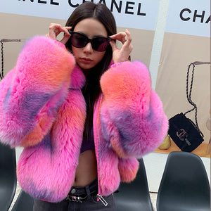 2022 New Multicolor Fox Fur Coat Women Luxury Collared Zipper Short Overcoat Warm Winter Streetwear 3655A