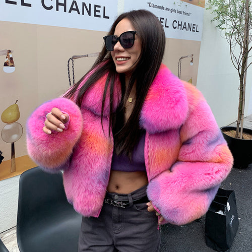 2022 New Multicolor Fox Fur Coat Women Luxury Collared Zipper Short Overcoat Warm Winter Streetwear 3655A