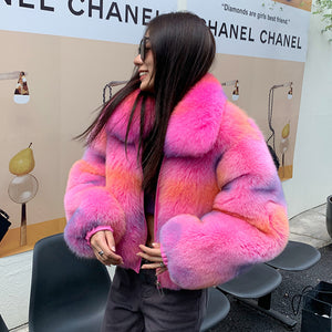 2022 New Multicolor Fox Fur Coat Women Luxury Collared Zipper Short Overcoat Warm Winter Streetwear 3655A