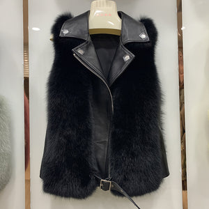 Winter Women Fluffy Fur Gilets Genuine Sheepskin Leather Real Fox Fur Vest