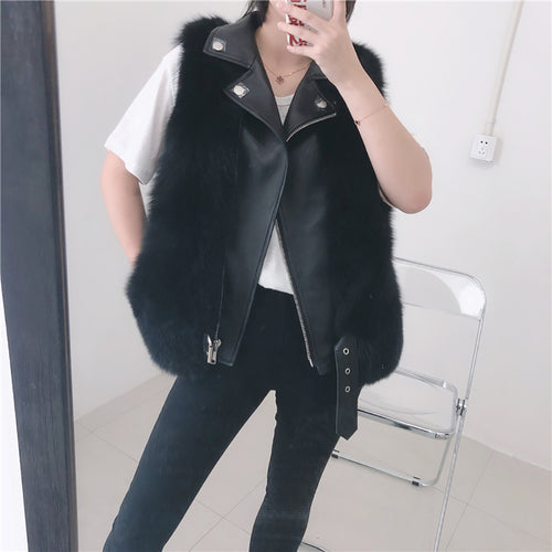 Winter Women Fluffy Fur Gilets Genuine Sheepskin Leather Real Fox Fur Vest