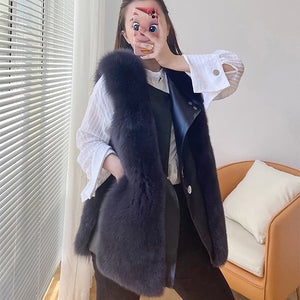 Winter Women's Genuine Sheepskin Leather Jackets Fur Vests Real Fox Fur Gilet