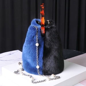Women's Real Mink Fur Handbags 2022 New Fashion Fur Shoulder Bags Pearl Chain Bucket Bag 8842